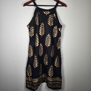 Lapogee Sheath Dress Women's‎ Large Black Sleeveless Gold Print Pattern